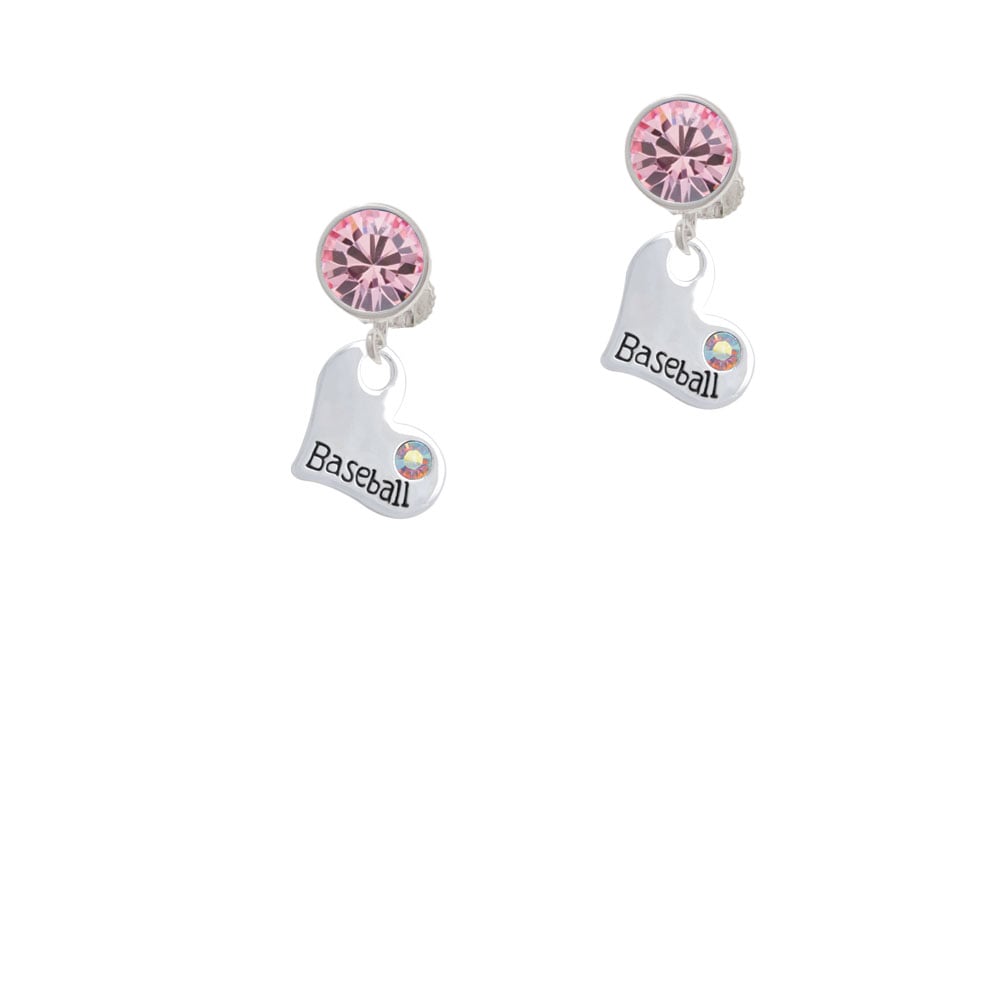 Heart with Baseball and AB Crystal Crystal Clip On Earrings Image 1