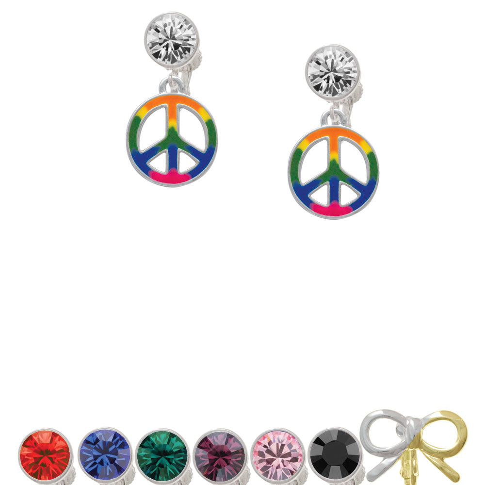 Large Rainbow Colored Peace Sign Crystal Clip On Earrings Image 1