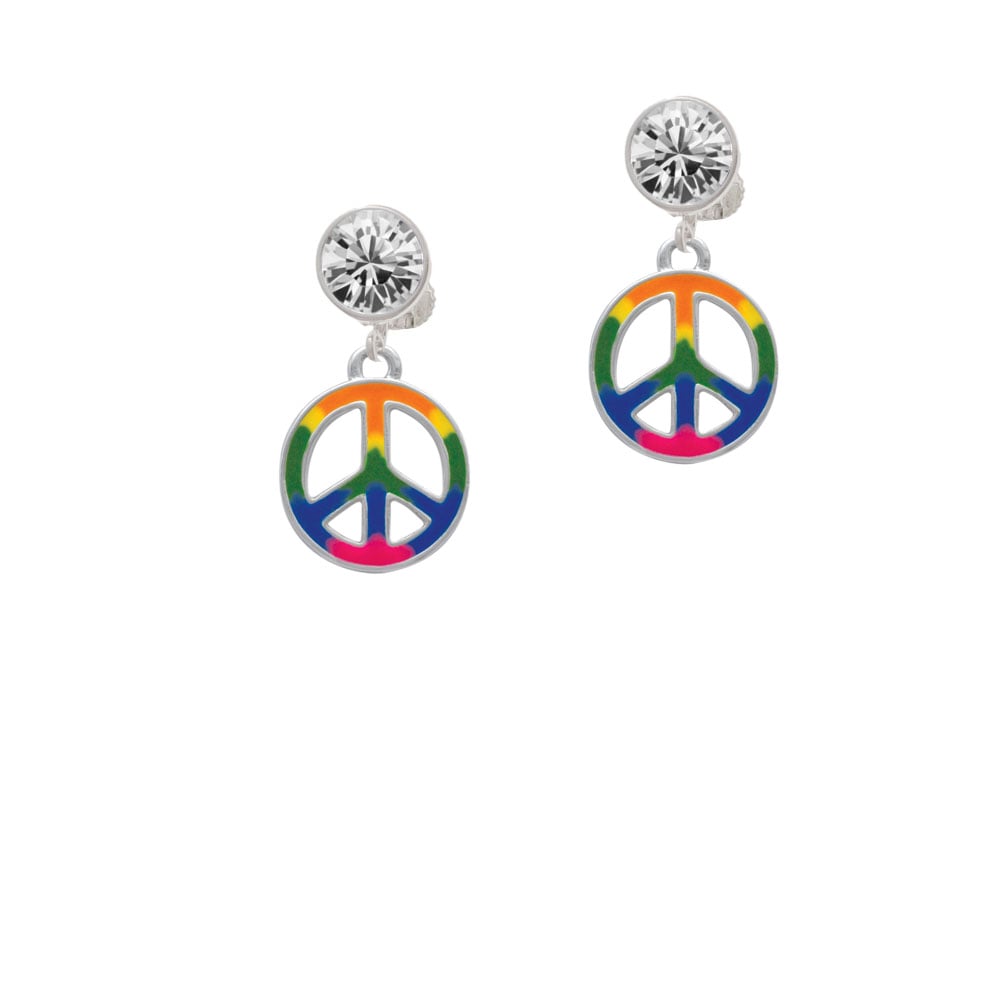 Large Rainbow Colored Peace Sign Crystal Clip On Earrings Image 2