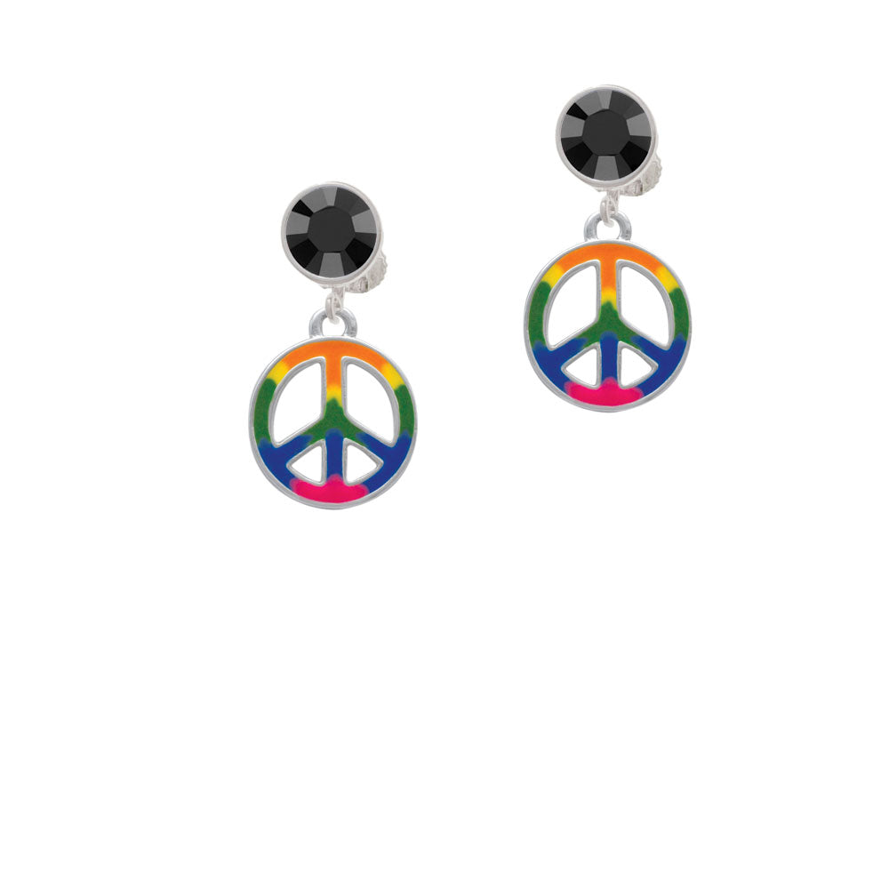 Large Rainbow Colored Peace Sign Crystal Clip On Earrings Image 3