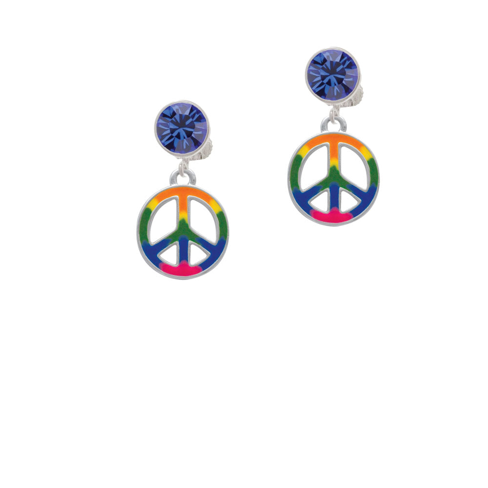 Large Rainbow Colored Peace Sign Crystal Clip On Earrings Image 7