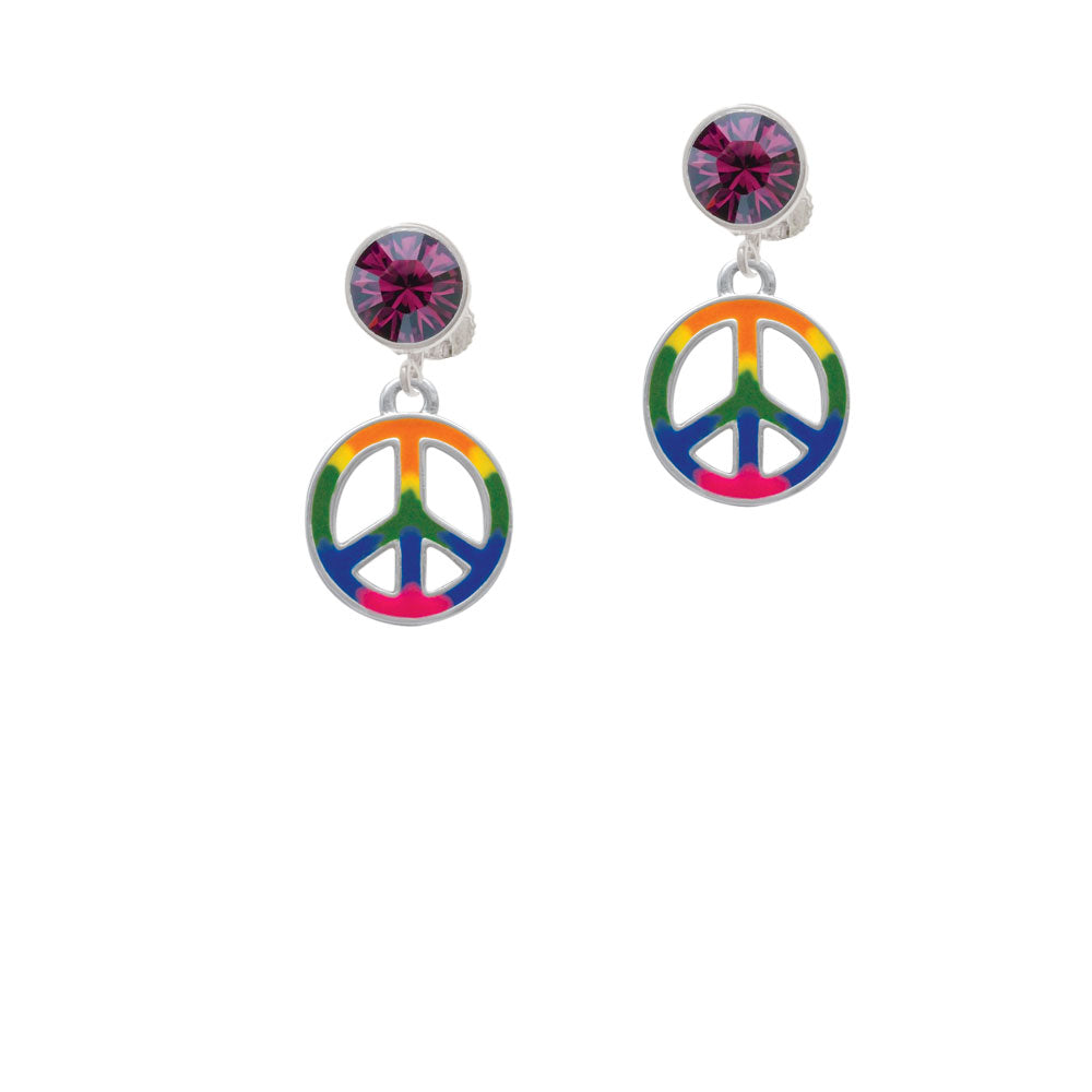 Large Rainbow Colored Peace Sign Crystal Clip On Earrings Image 8