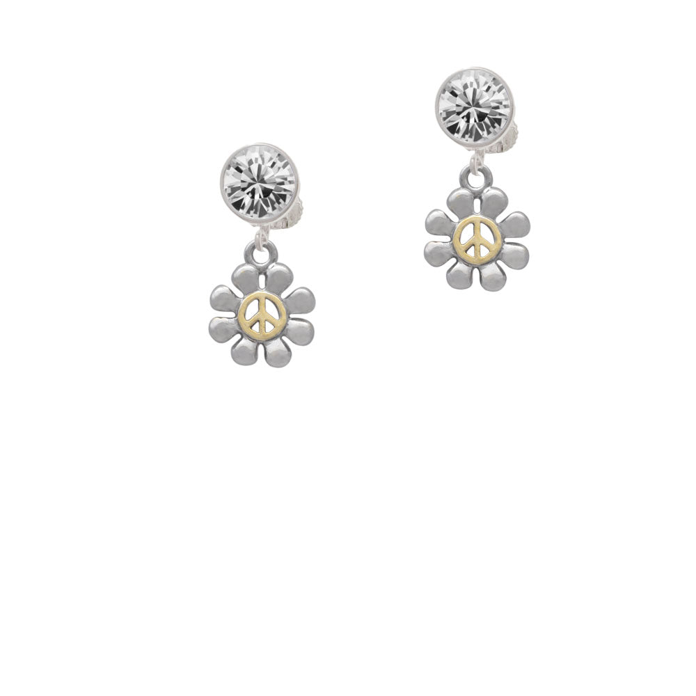 Small Daisy with Gold Tone Peace Sign Crystal Clip On Earrings Image 2