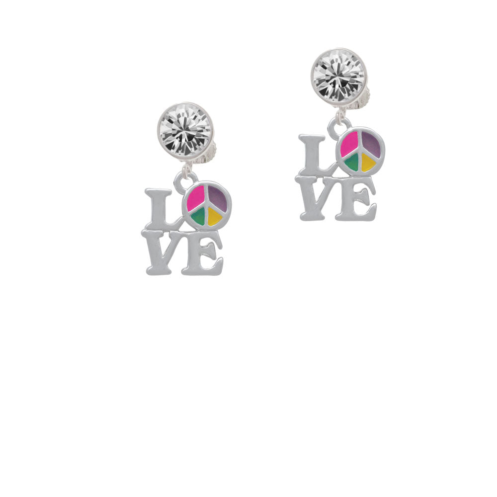 Love with Multicolored Peace Sign Crystal Clip On Earrings Image 2