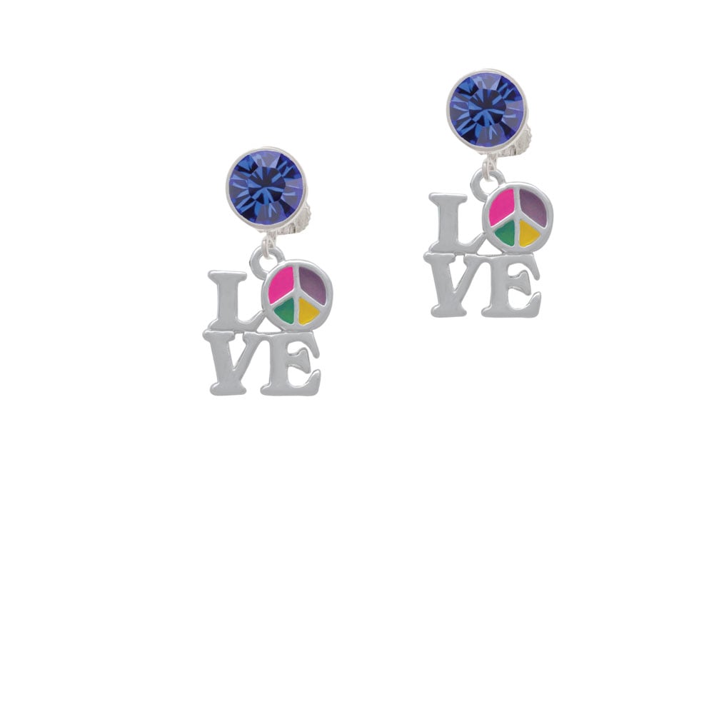 Love with Multicolored Peace Sign Crystal Clip On Earrings Image 1