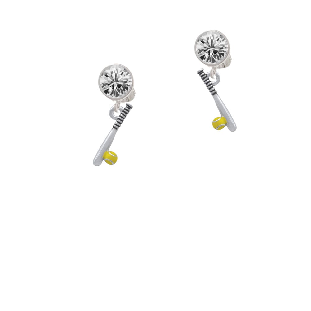 Enamel Softball and Bat Crystal Clip On Earrings Image 1