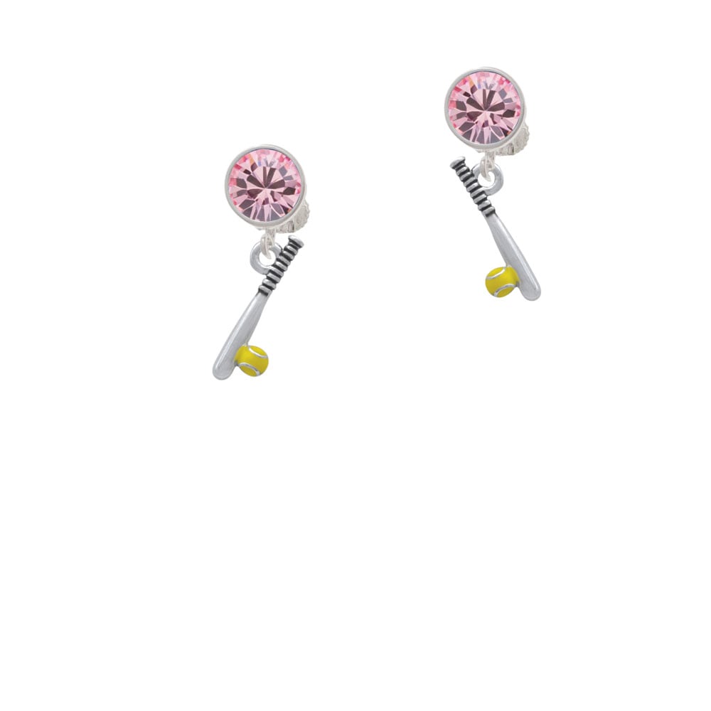 Enamel Softball and Bat Crystal Clip On Earrings Image 1