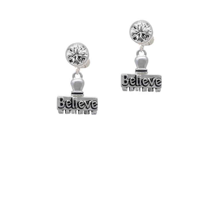 3-D Believe Stamp Crystal Clip On Earrings Image 2