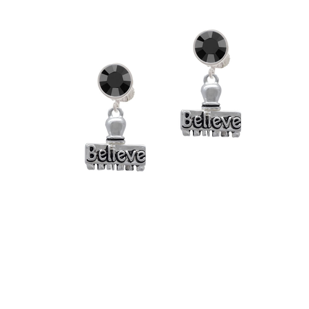 3-D Believe Stamp Crystal Clip On Earrings Image 3