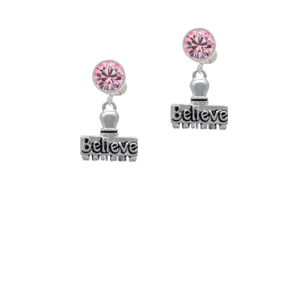 3-D Believe Stamp Crystal Clip On Earrings Image 1