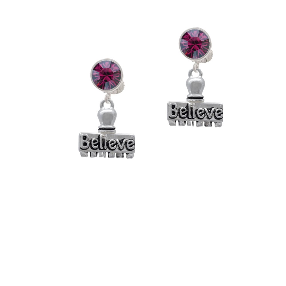 3-D Believe Stamp Crystal Clip On Earrings Image 1