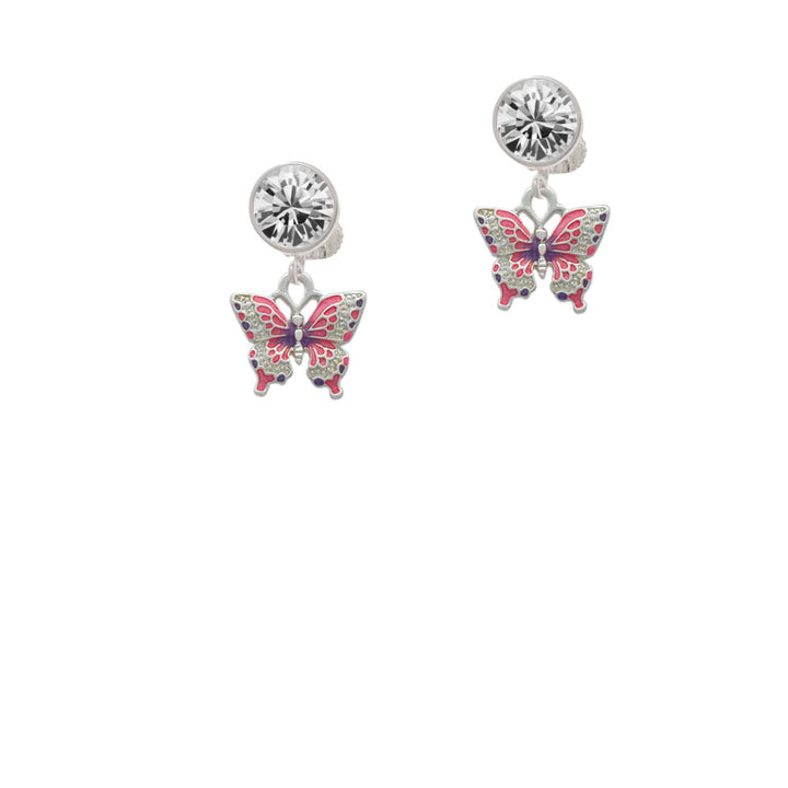 Small Hot Pink and Purple Butterfly Crystal Clip On Earrings Image 2