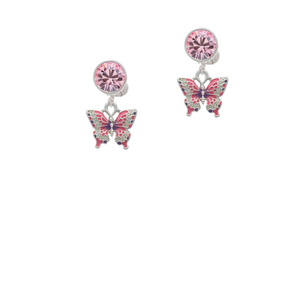 Small Hot Pink and Purple Butterfly Crystal Clip On Earrings Image 4