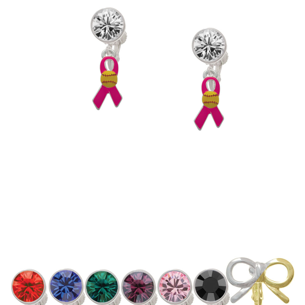 Hot Pink Ribbon with Softball Crystal Clip On Earrings Image 1