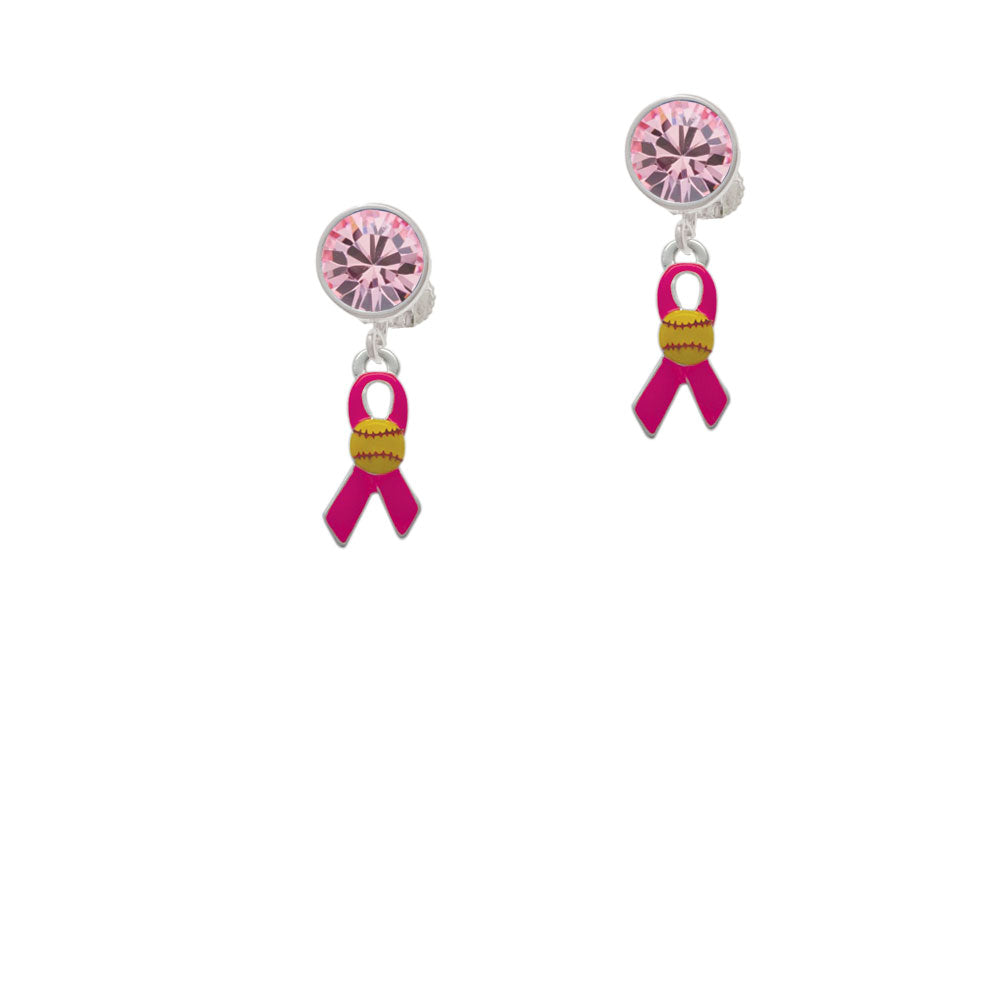 Hot Pink Ribbon with Softball Crystal Clip On Earrings Image 4