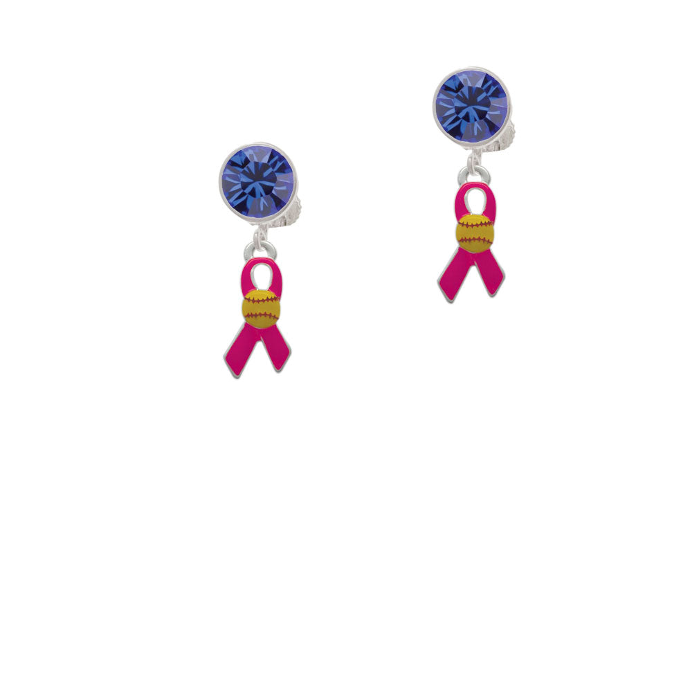 Hot Pink Ribbon with Softball Crystal Clip On Earrings Image 7