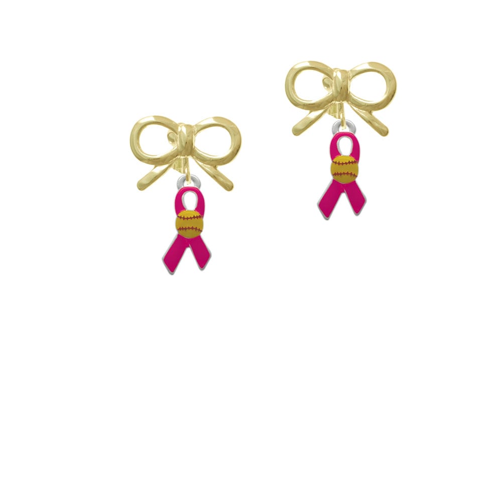 Hot Pink Ribbon with Softball Crystal Clip On Earrings Image 10