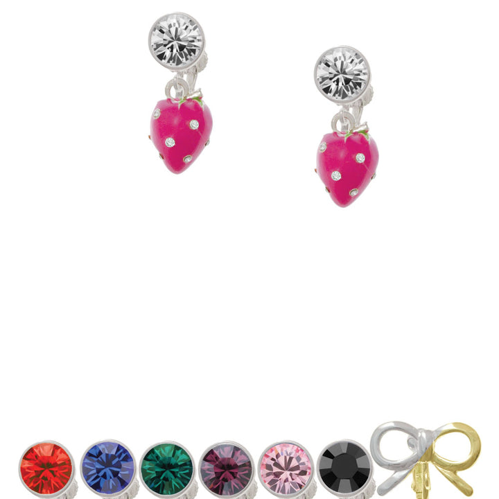 Large 3-D Hot Pink Strawberry with Crystals Crystal Clip On Earrings Image 1