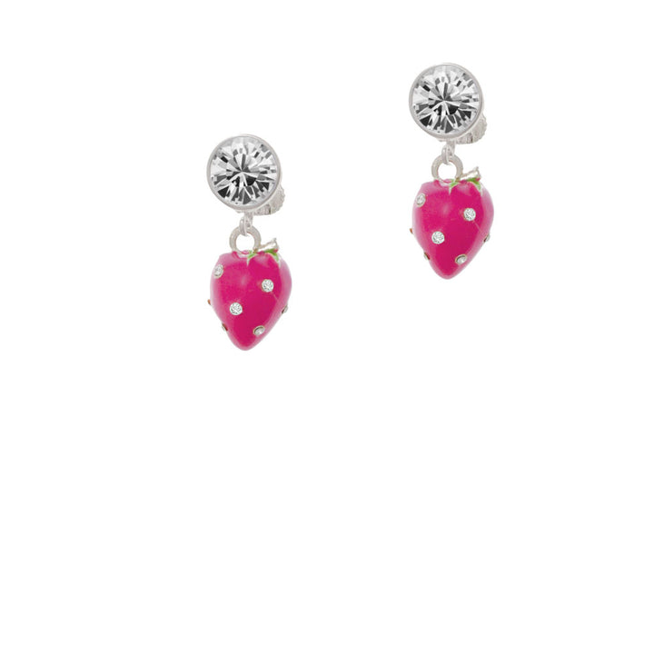 Large 3-D Hot Pink Strawberry with Crystals Crystal Clip On Earrings Image 2