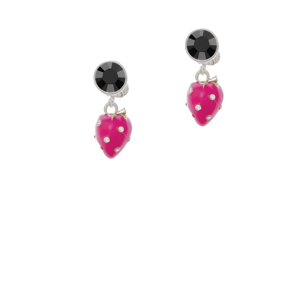 Large 3-D Hot Pink Strawberry with Crystals Crystal Clip On Earrings Image 3