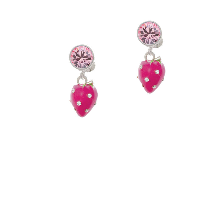 Large 3-D Hot Pink Strawberry with Crystals Crystal Clip On Earrings Image 4