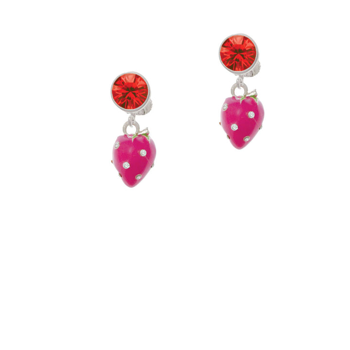 Large 3-D Hot Pink Strawberry with Crystals Crystal Clip On Earrings Image 4