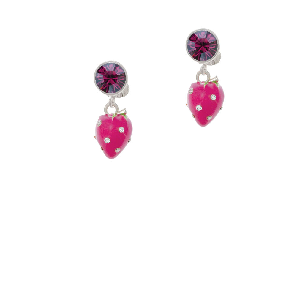 Large 3-D Hot Pink Strawberry with Crystals Crystal Clip On Earrings Image 8