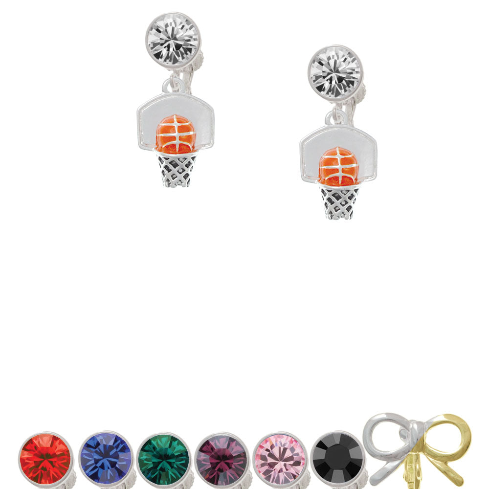 3-D Enamel Basketball in Hoop Crystal Clip On Earrings Image 1