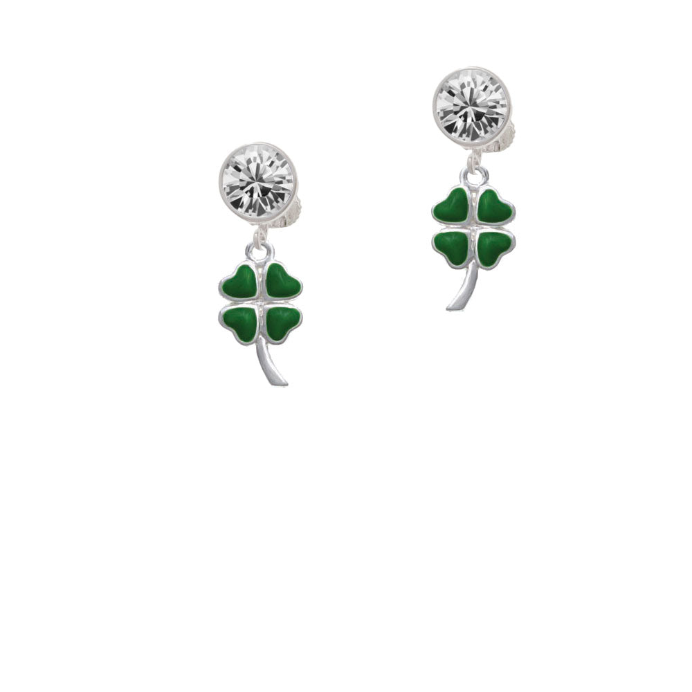 Large Green Heart Four Leaf Clovers Crystal Clip On Earrings Image 2