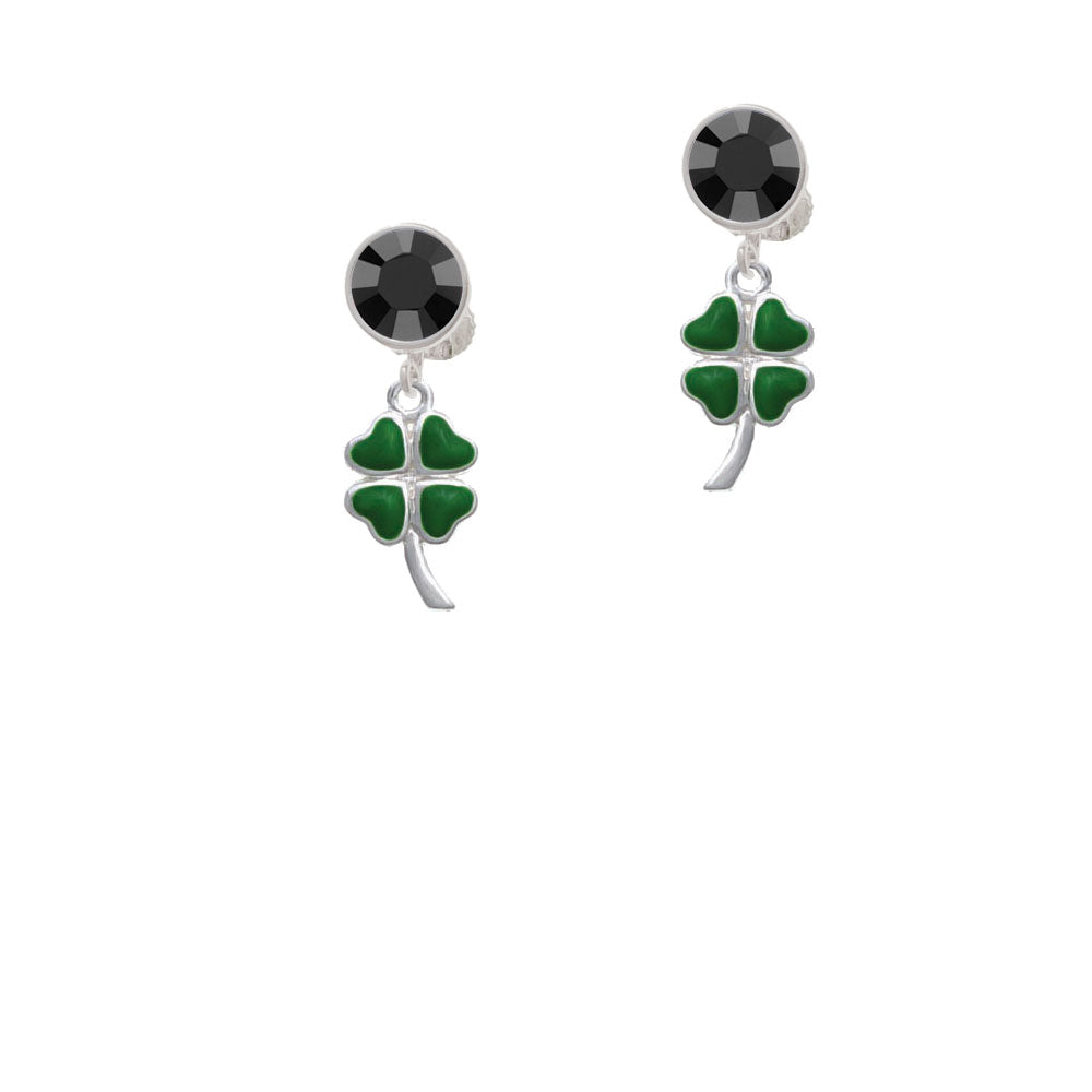 Large Green Heart Four Leaf Clovers Crystal Clip On Earrings Image 3