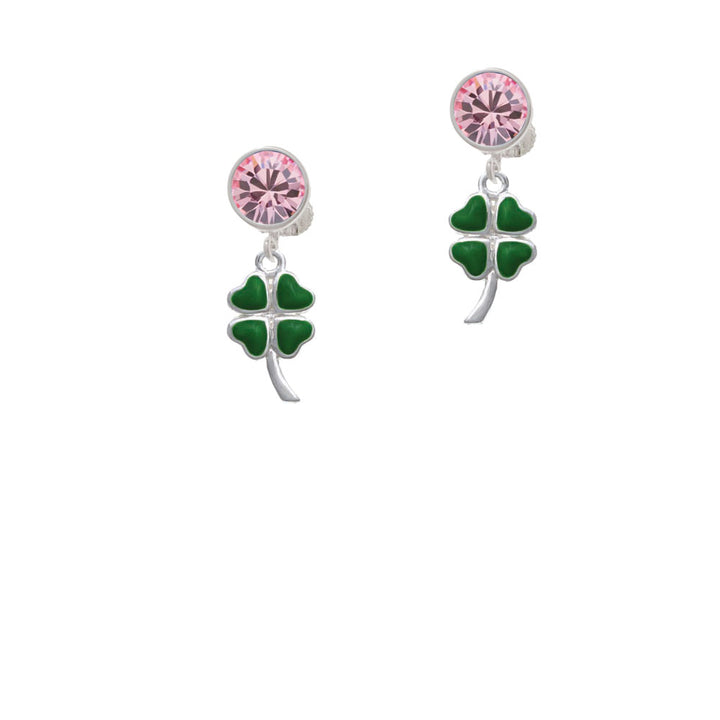 Large Green Heart Four Leaf Clovers Crystal Clip On Earrings Image 4