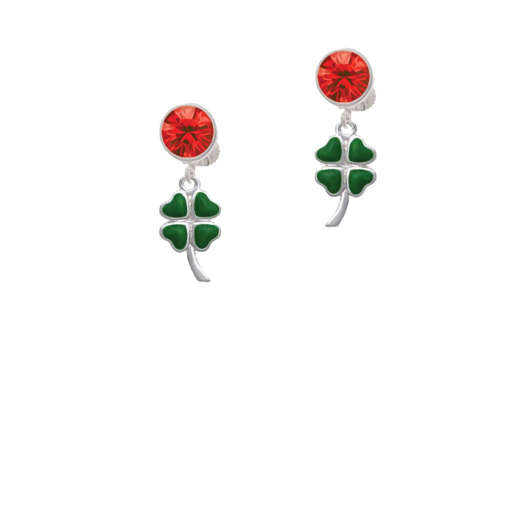 Large Green Heart Four Leaf Clovers Crystal Clip On Earrings Image 1