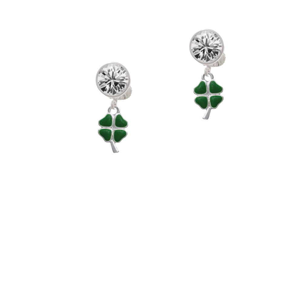 Mini Green Heart Four Leaf Clovers Crystal Clip On Earrings Image 2