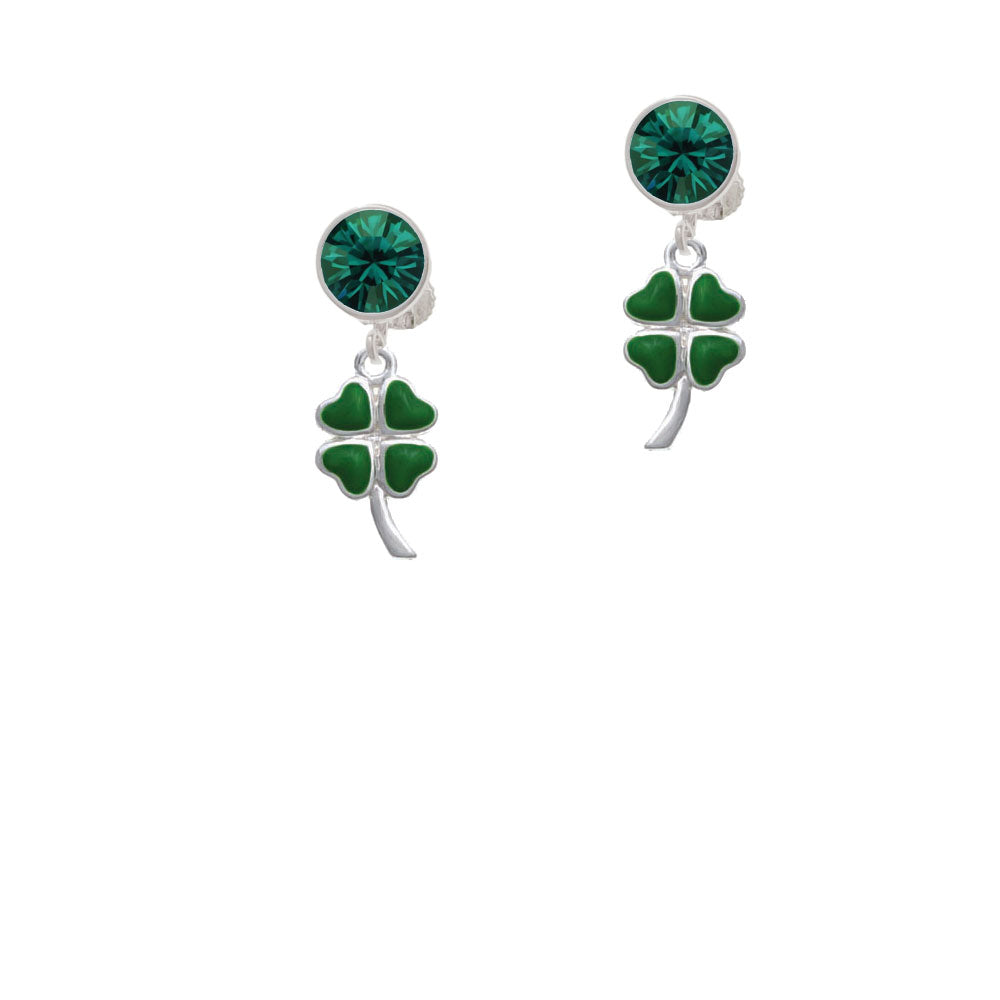 Large Green Heart Four Leaf Clovers Crystal Clip On Earrings Image 6