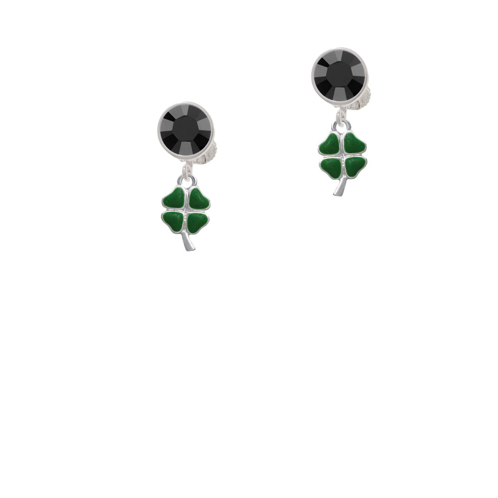 Mini Green Heart Four Leaf Clovers Crystal Clip On Earrings Image 3