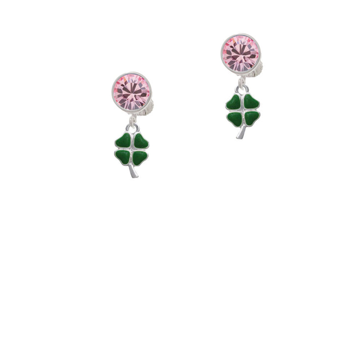 Mini Green Heart Four Leaf Clovers Crystal Clip On Earrings Image 4