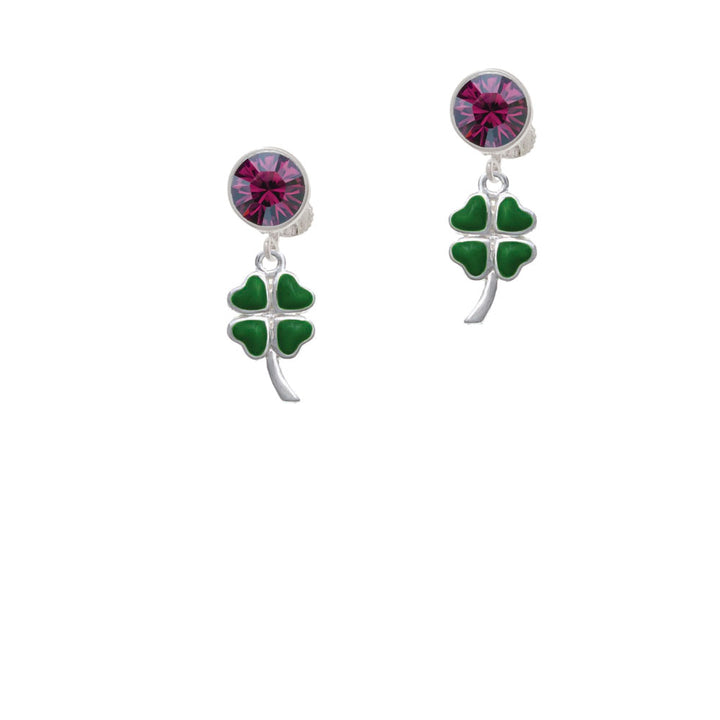 Large Green Heart Four Leaf Clovers Crystal Clip On Earrings Image 8