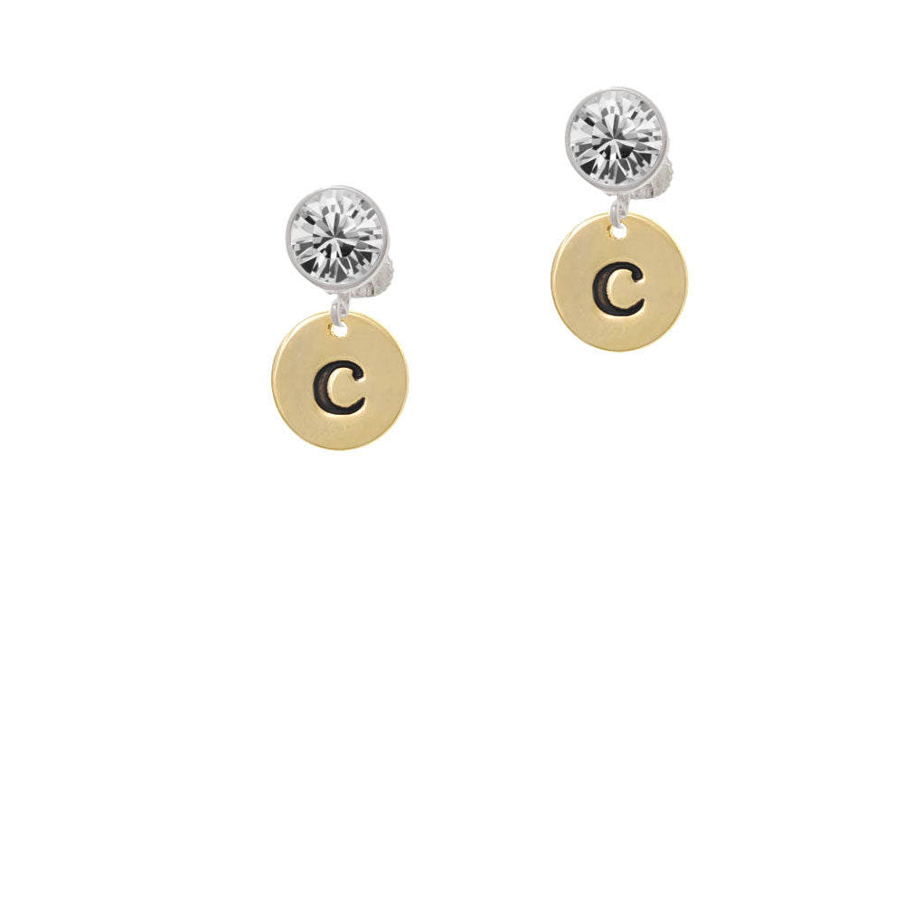 Gold Tone Disc 1/2 Initial - c - Crystal Clip On Earrings Image 2