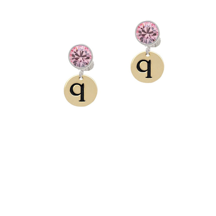 Gold Tone Disc 1/2 Initial - q - Crystal Clip On Earrings Image 1