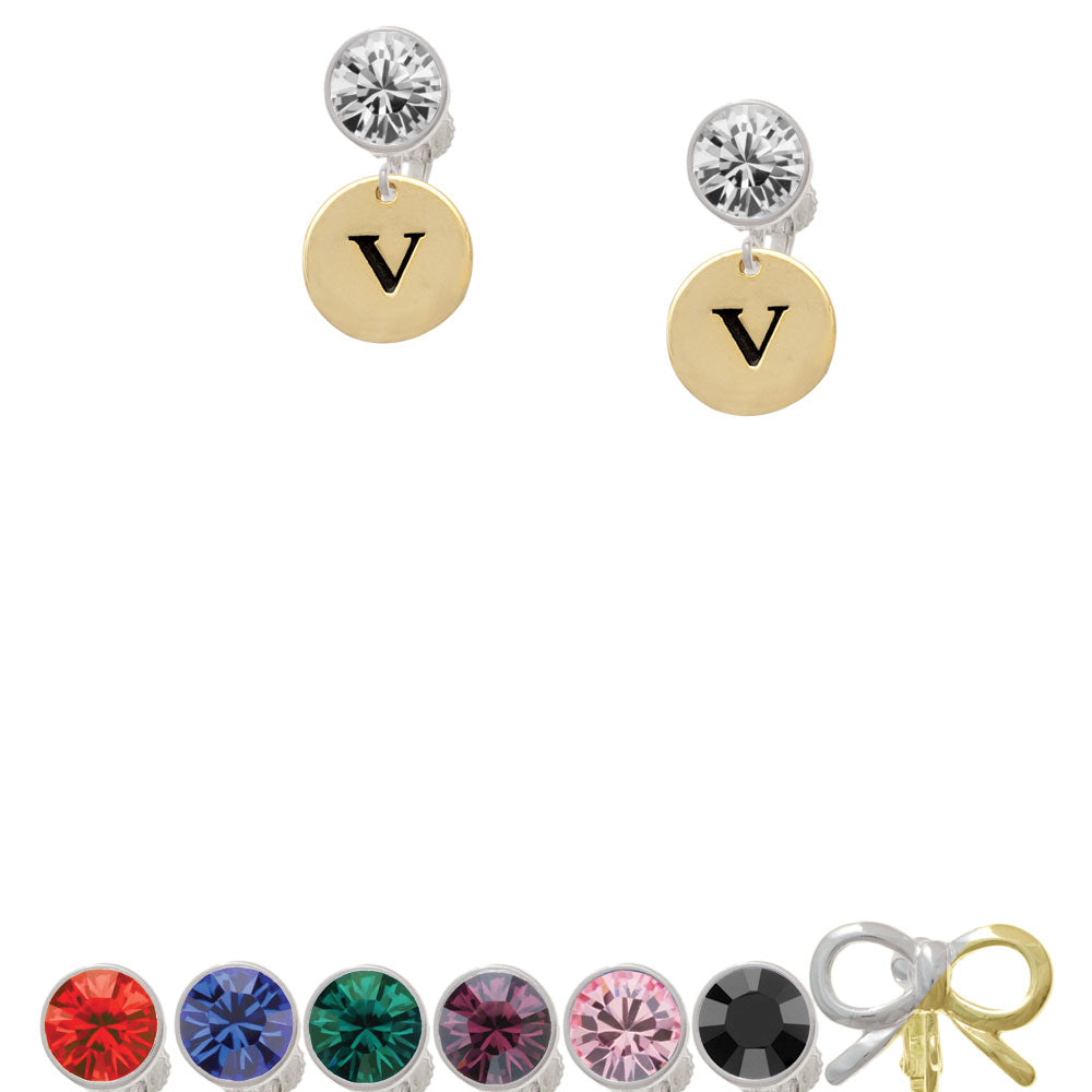 Gold Tone Disc 1/2 Initial - v - Crystal Clip On Earrings Image 1