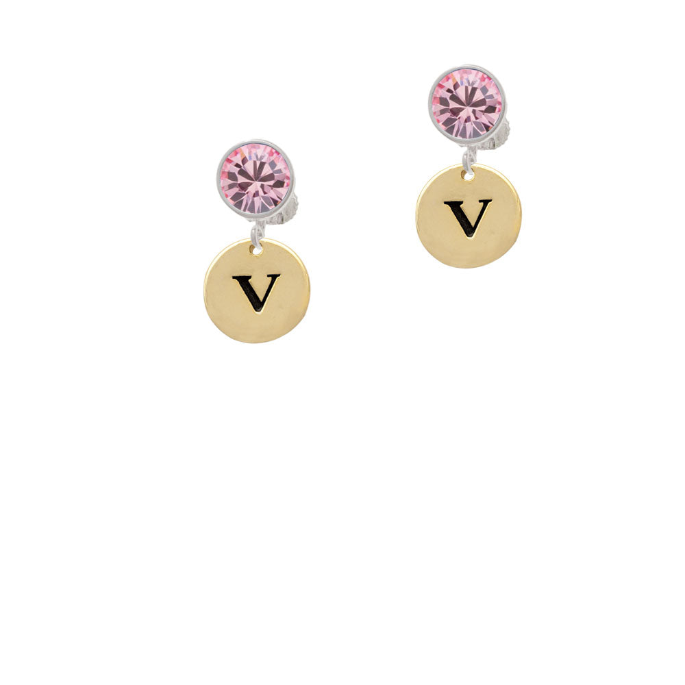 Gold Tone Disc 1/2 Initial - v - Crystal Clip On Earrings Image 4