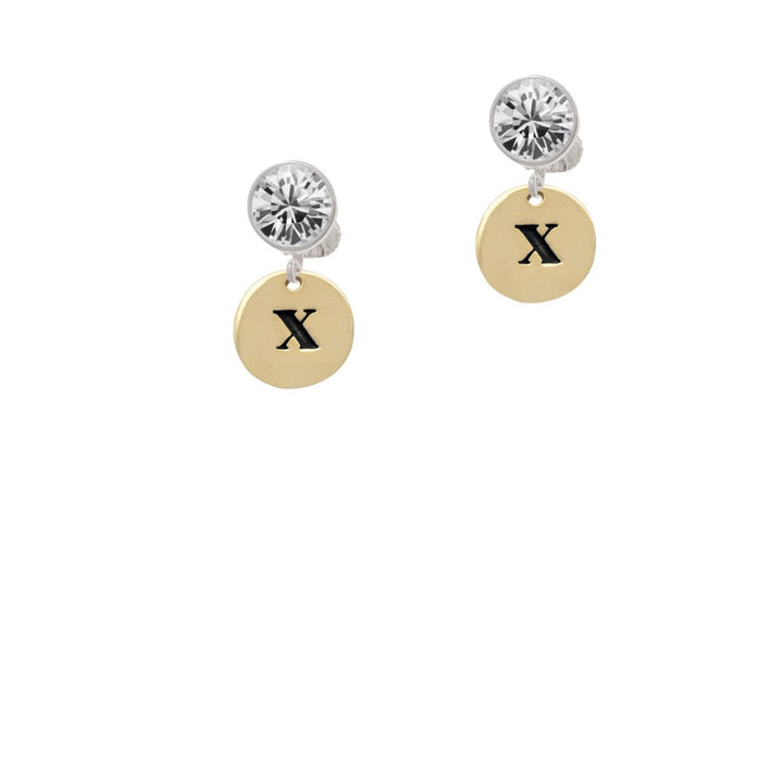 Gold Tone Disc 1/2 Initial - x - Crystal Clip On Earrings Image 2