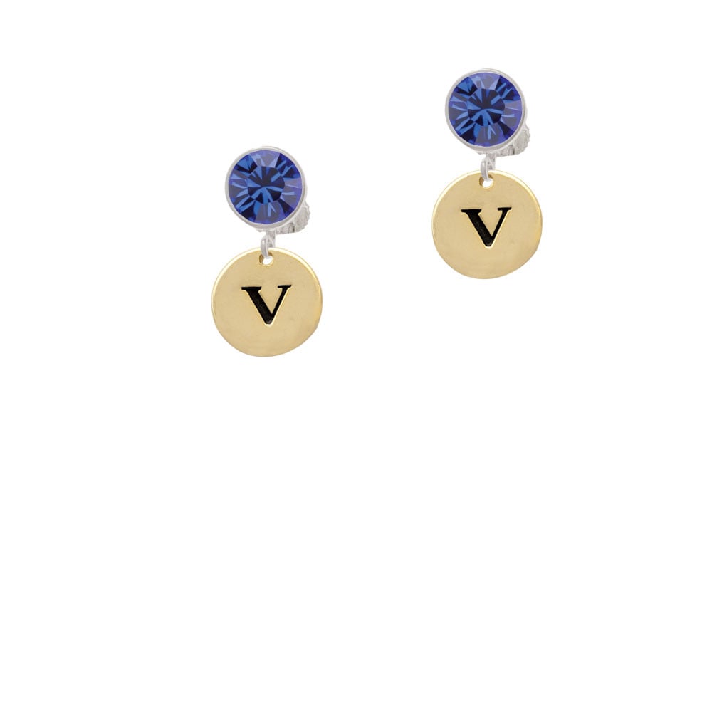 Gold Tone Disc 1/2 Initial - v - Crystal Clip On Earrings Image 7