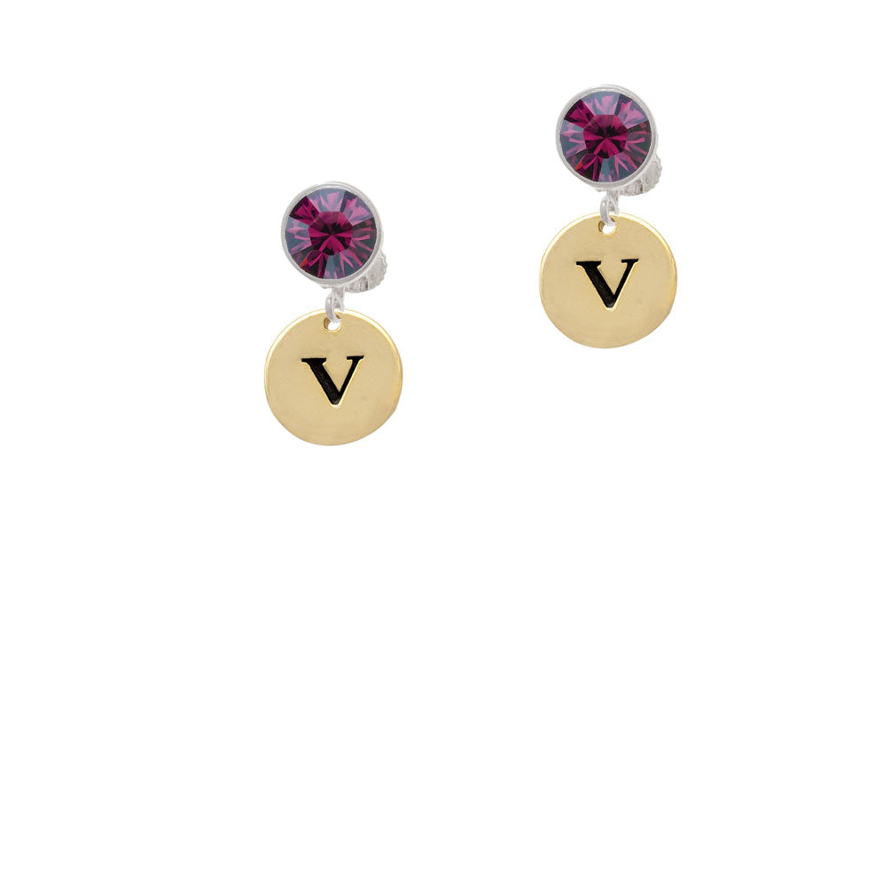 Gold Tone Disc 1/2 Initial - v - Crystal Clip On Earrings Image 8