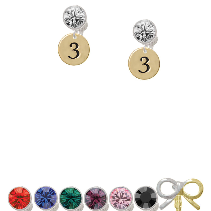 Gold Tone Disc 1/2 Number - 3 - Crystal Clip On Earrings Image 1