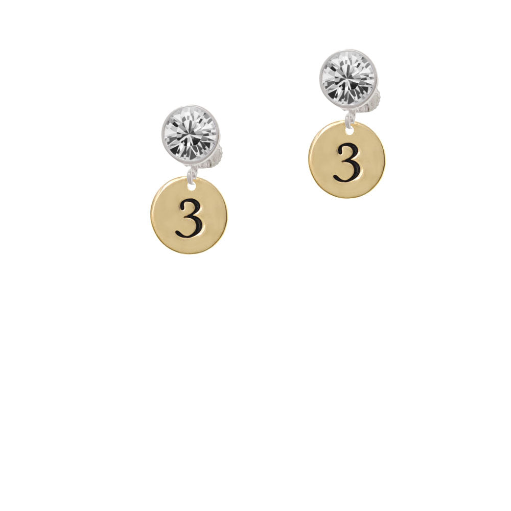 Gold Tone Disc 1/2 Number - 3 - Crystal Clip On Earrings Image 2