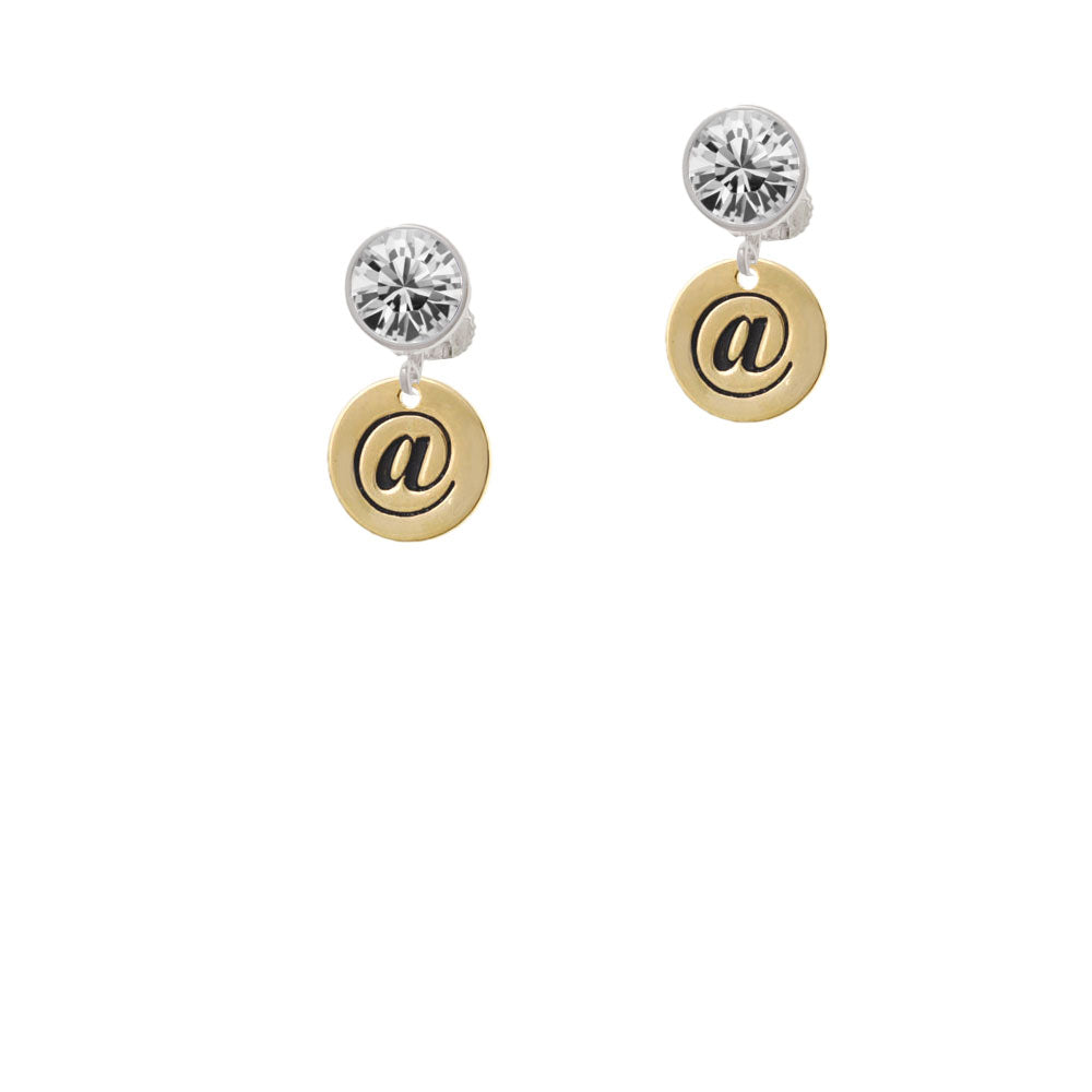 Gold Tone Disc 1/2 - Symbol - At Sign - - Crystal Clip On Earrings Image 2