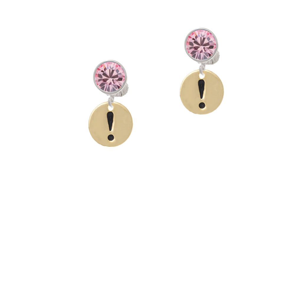 Gold Tone Disc 1/2 - Symbol - Exclamation Point - ! - Crystal Clip On Earrings Image 4