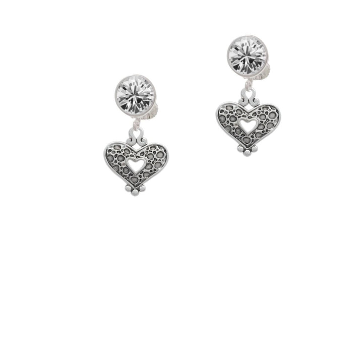 Antiqued Reptile Print Open Heart Crystal Clip On Earrings Image 1