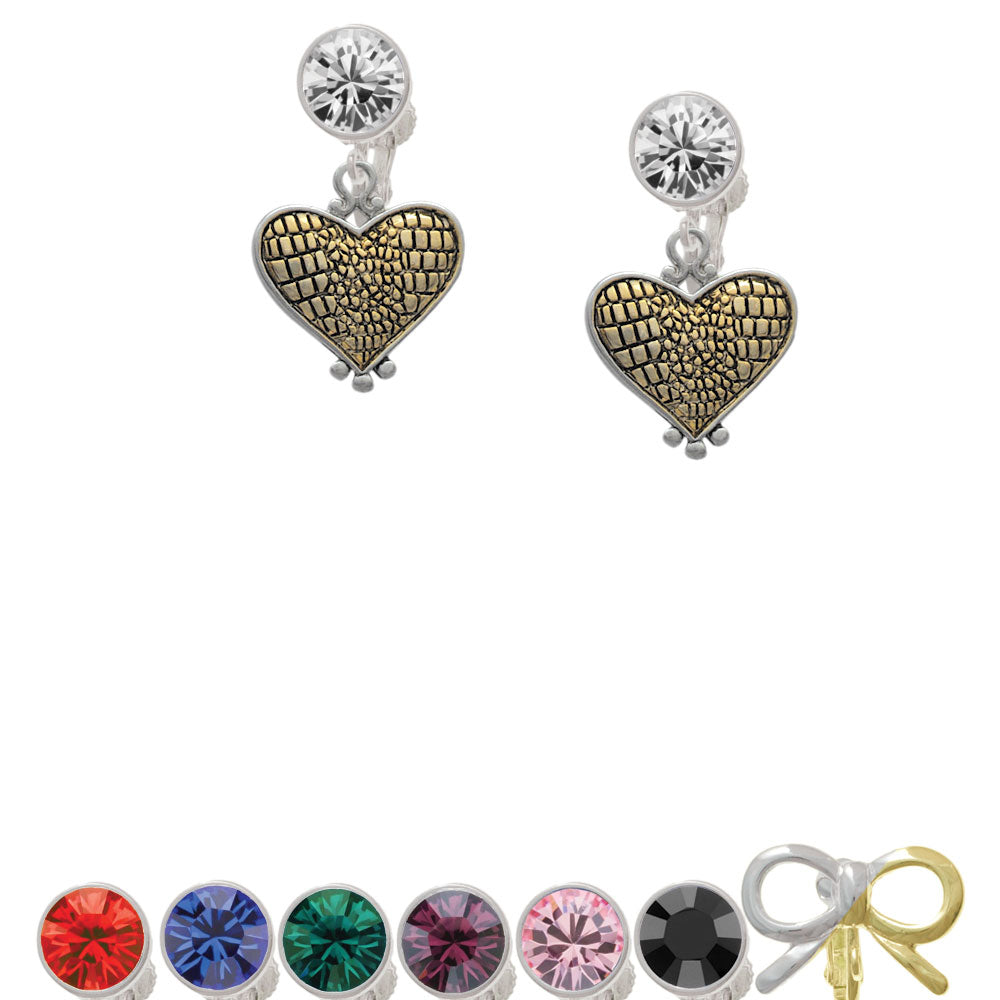 Two Tone Alligator Print Heart Crystal Clip On Earrings Image 1